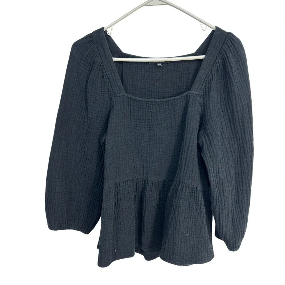 Madewell Gauze Square Neck Peplum Top Small Black Boho Cottagecore Minimalist